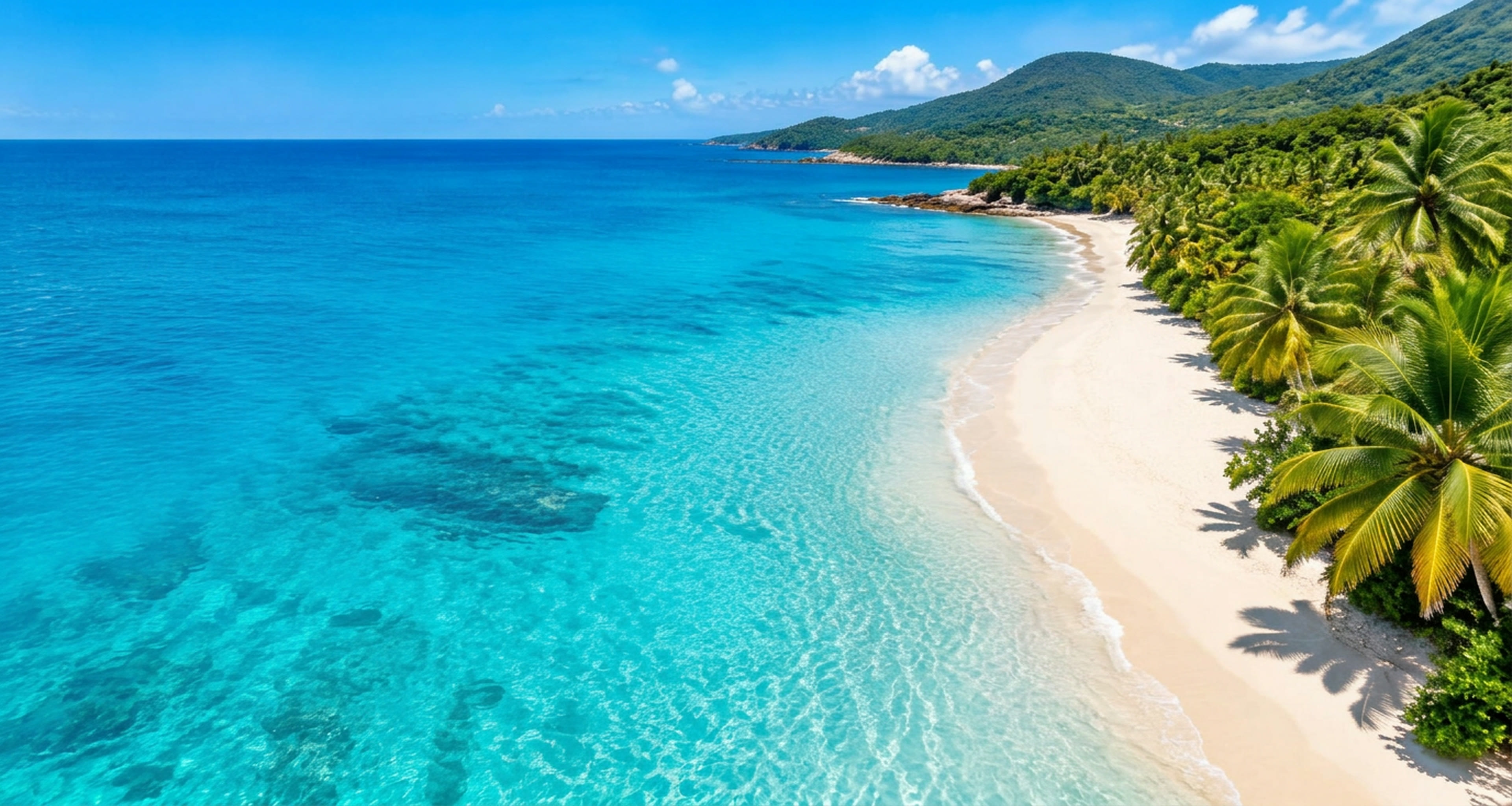 Playa caribeña de aguas turquesas y palmeras, fotografía referencial